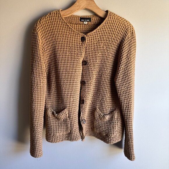 Vintage Waffle Knit Cotton Tan Brown Cardigan Size Small - Picture 1 of 5